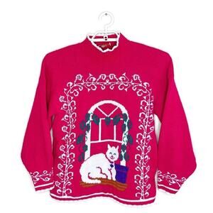 Vtg Women's Pink 80's CAT Kitty Sitting Window Sweater‎ Glitter Kawaii Sz L/XL